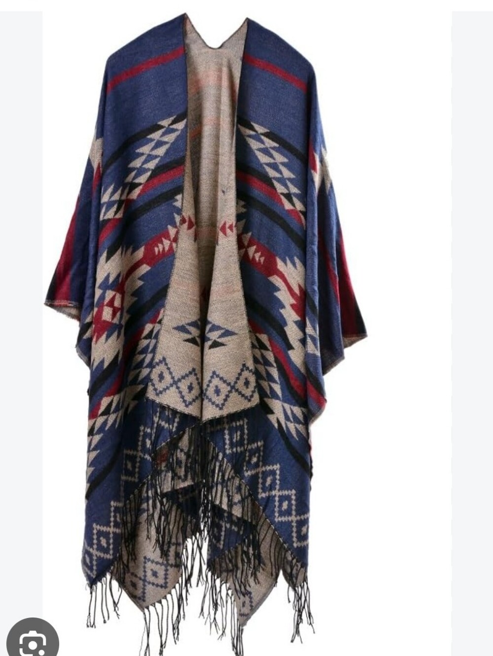 Boho Aztec Fringe Throw Blanket - Blue & Beige One Size Plus